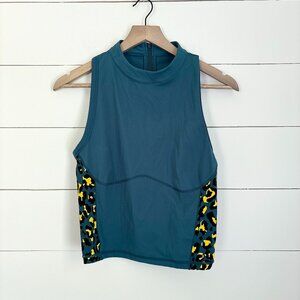 Sweaty Betty high neck blue tank top sports bra with leopard on sides sz large